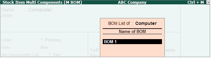 Stock Item Multi Components screen : www.TallyERP9Book.com