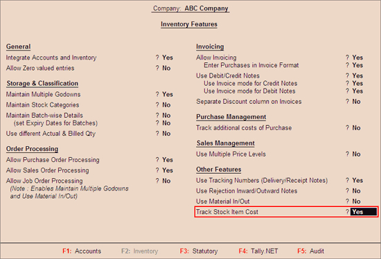 Enable Item Cost Tracking Feature in Tally.ERP 9