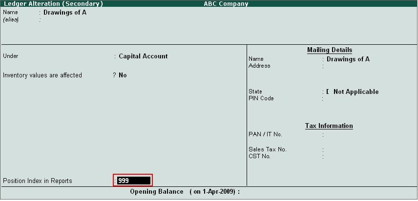 Configuring the Reports using Index Positioning in Tally.ERP9