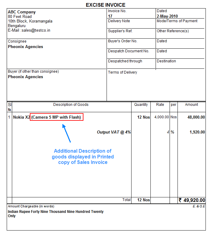 Additional Description of the Stock Item in Sales Invoice? @ Tally.ERP9