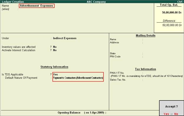 Expenses Ledger in Tally.ERP 9