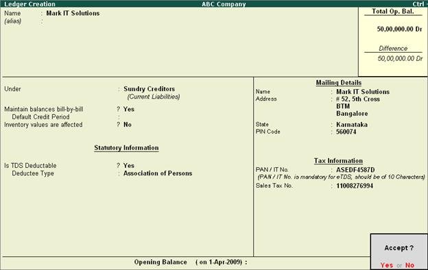 Party Ledger in Tally.ERP 9