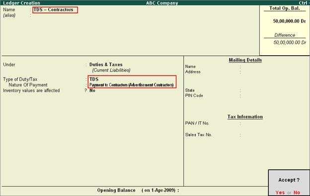 TDS (Tax) Ledger in Tally.ERP 9