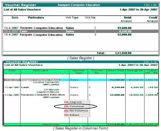 Sales Register Report in Tally.ERP9