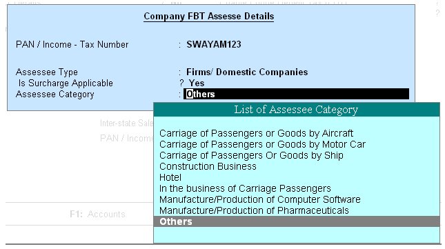 FBT Assessable Details Screen in Tally.ERP9