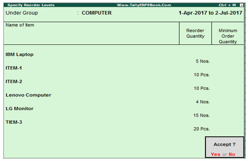 Re-Order Level in Tally.ERP9