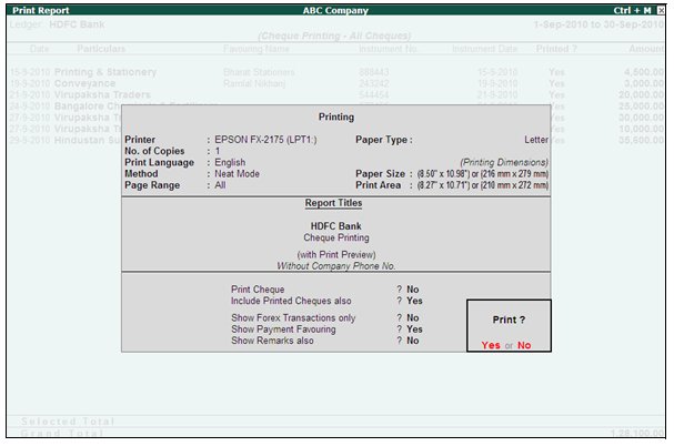 Cheque Printing on Banking @ Tally.ERP9