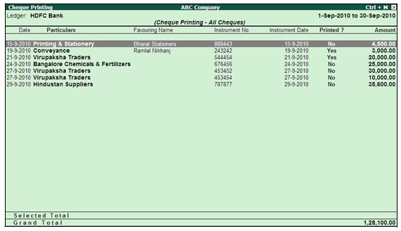 Cheque Printing on Banking @ Tally.ERP9