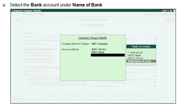 Cheque Printing on Banking @ Tally.ERP9