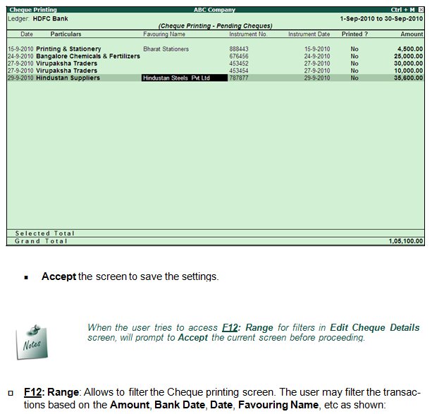 Cheque Printing on Banking @ Tally.ERP9