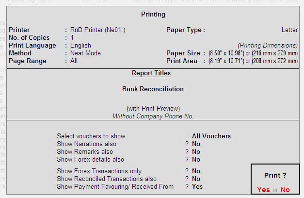 Printing Bank Reconciliation Statement in Tally.ERP9