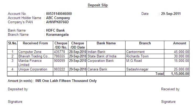 Deposit Slip-Banking @ Tally.ERP9