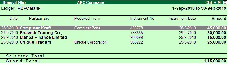 Deposit Slip-Banking @ Tally.ERP9